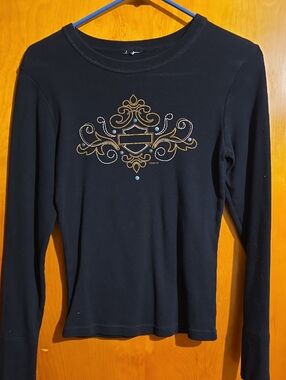 Harley-Davidson Black Long-Sleeve Tee with Gold Scroll and Turquoise Accents